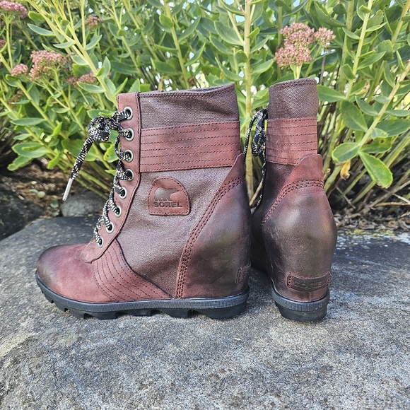 SOREL Women's Waterproof Leather/Canvas Wedge Burgundy Brown Lace-Up Boots 10.5 - Picture 11 of 12